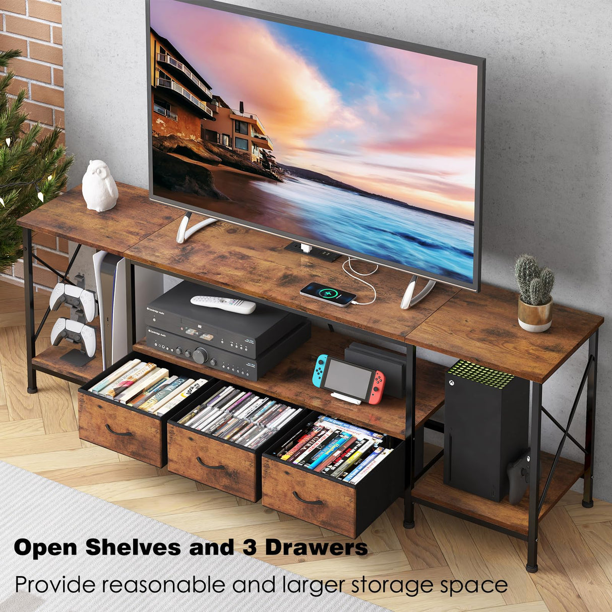 Fixwal TV Stand for 65 60 70 Inch TV with Power Outlets, Entertainment Center with Fabric Drawers, TV Console Table with Metal Frame Storage Shelves for Living Room, Bedroom - 63" Rustic Brown Fixwal