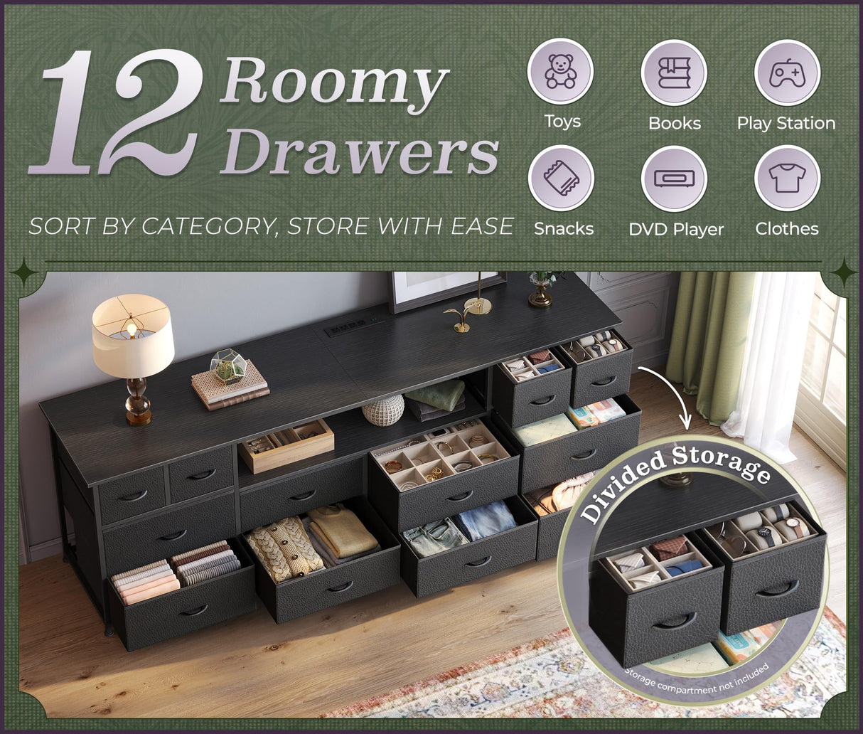 Huuger 63 Inch Dresser TV Stand with LED Lights, Power Outlets and USB-C Port, 12 Fabric Drawer Dresser for Bedroom, Wide Entertainment Center for 65, 70 Inch TV, Open Shelf, Black Huuger