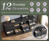 Huuger 63 Inch Dresser TV Stand with LED Lights, Power Outlets and USB-C Port, 12 Fabric Drawer Dresser for Bedroom, Wide Entertainment Center for 65, 70 Inch TV, Open Shelf, Black Huuger