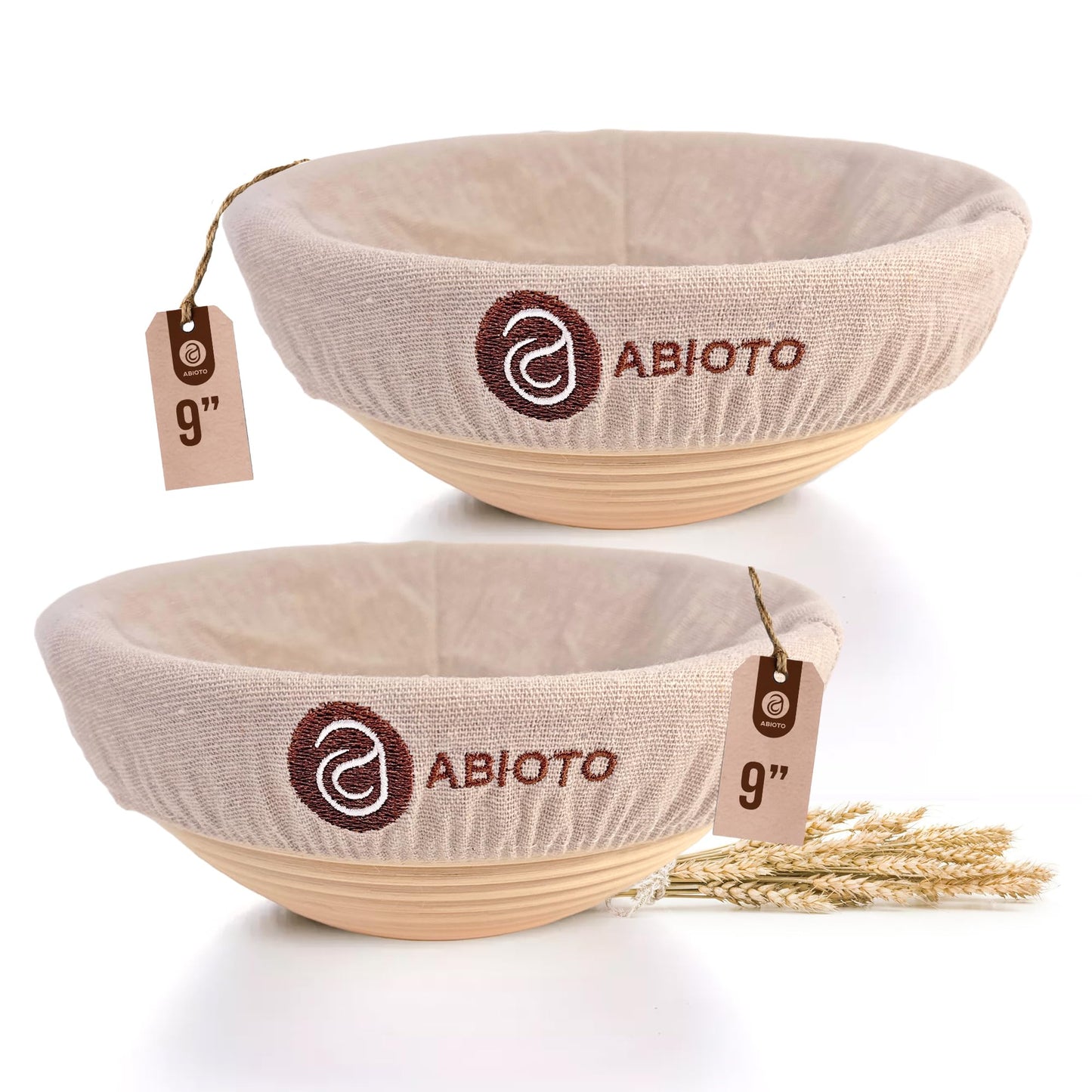 ABIOTO Bread Proofing Baskets for Sourdough Bread Baking - Set of 2 9" Round Banneton Baskets with Liners, Made of Finest Indonesian Rattan - Bake Perfect Artisan Bread Loaves at Home Like a Pro