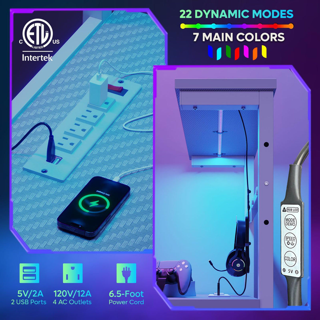 Bestier Gaming Desk with Power Outlets, 61 Inch Large Led Gamer Desk with 4 Tiers Reversible Shelves, PC Gaming Table with Headset Hook & Side Storage Bag for Bedroom (Grey 3D Carbon Fiber) Bestier