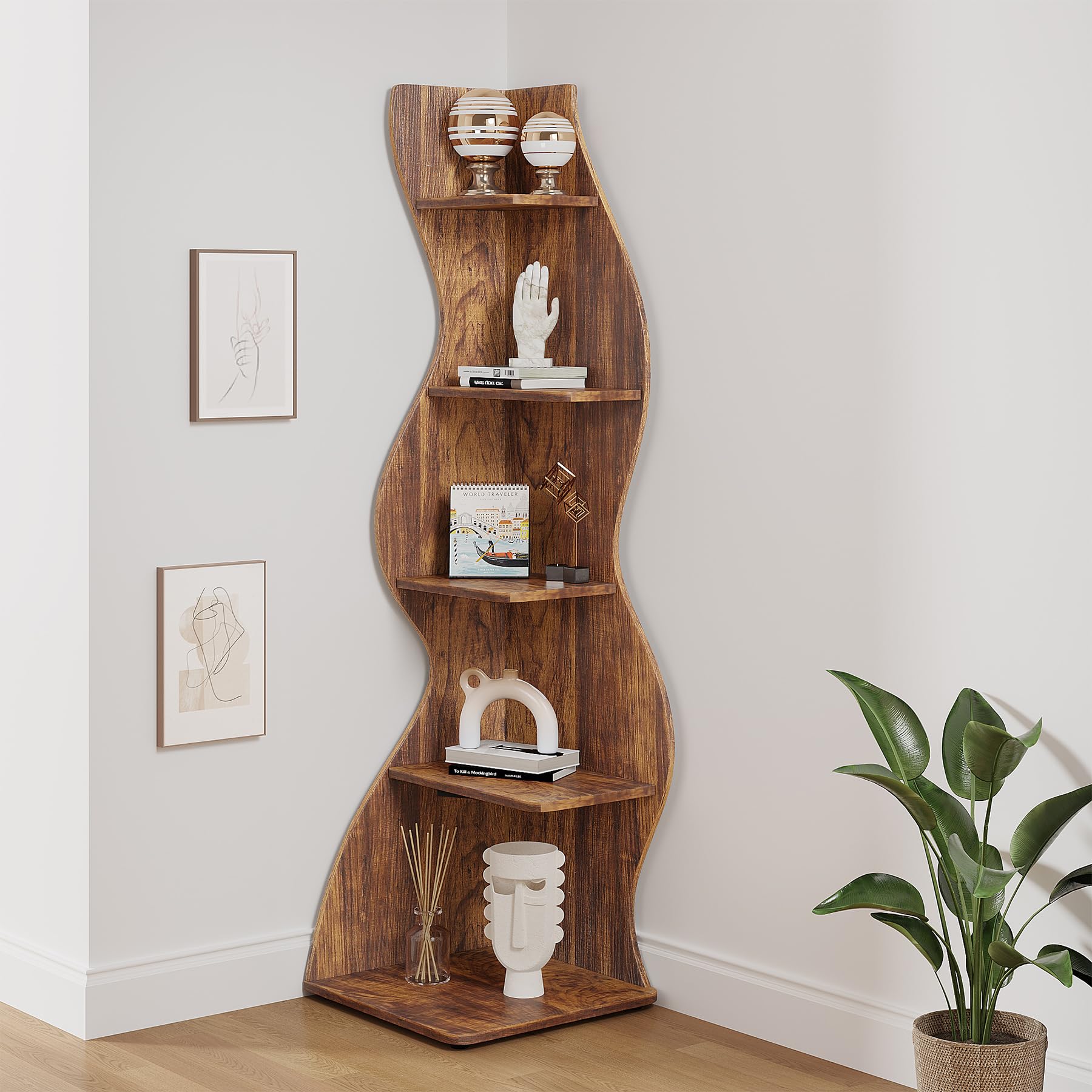 Rustic 5-Tier Corner Shelf - Stylish Brown Bookshelf & Plant Stand by Tribesigns - WoodArtSupply