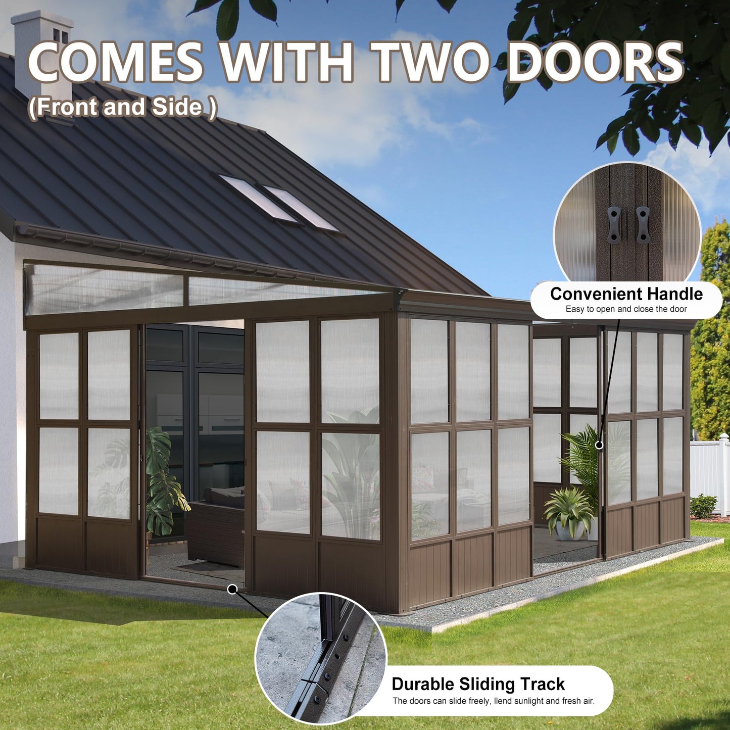 Domi Lean-to Sunroom 12x16FT, Wall Mounted Solarium with Sloping Polycarbonate Roof, Detachable Polycarbonate Screens, 2 Lockable Sliding Doors, Aluminum Gazebo Against Wall Sun Room for Patio Deck