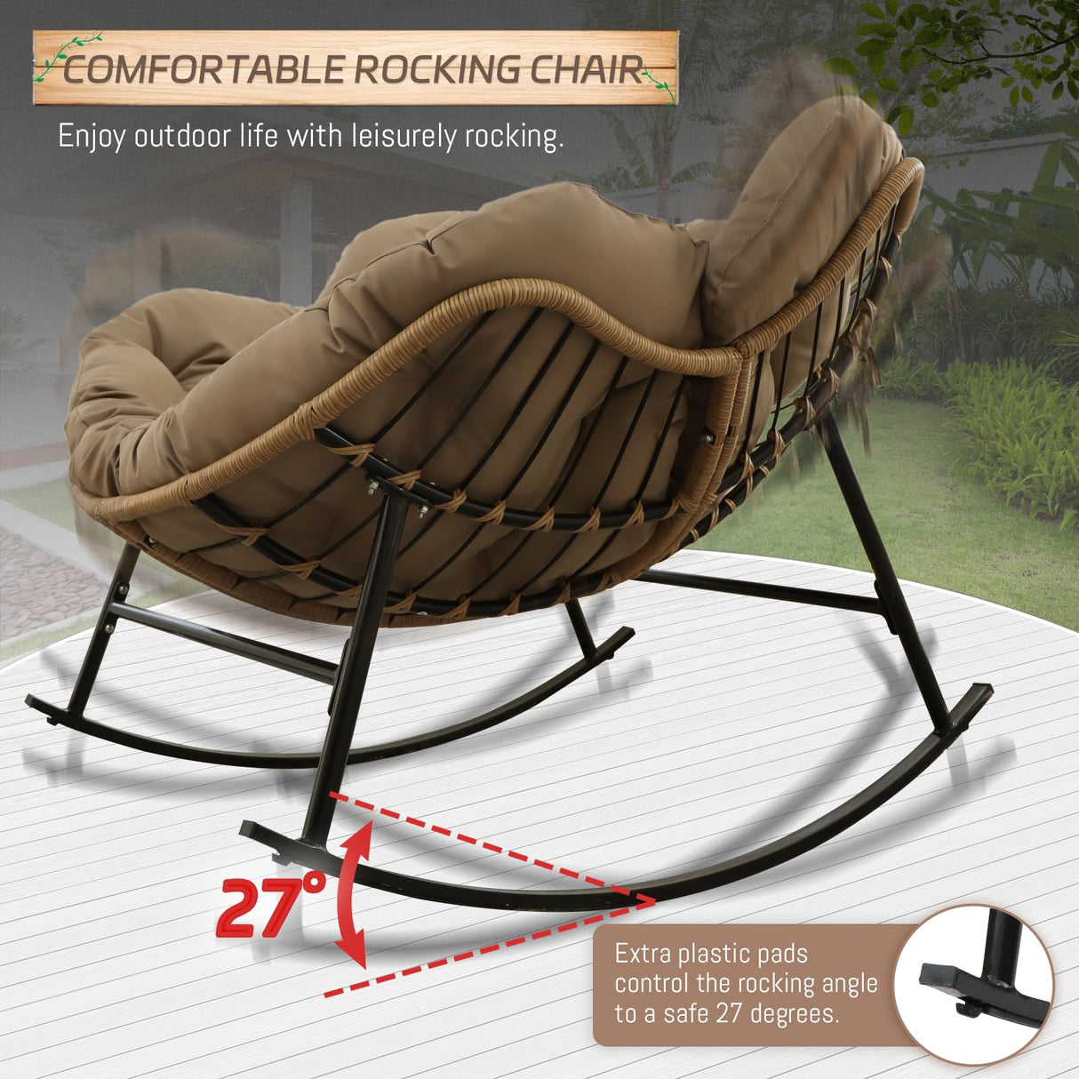 BULEXYARD Oversized Papasan Rocking Chair Indoor Outdoor 450lbs, Brown Wicker Royal Rocking Egg Chair with Brown Thick Cushion, Cozy Recliner Lounge Rocker for Balcony, Porch BULEXYARD