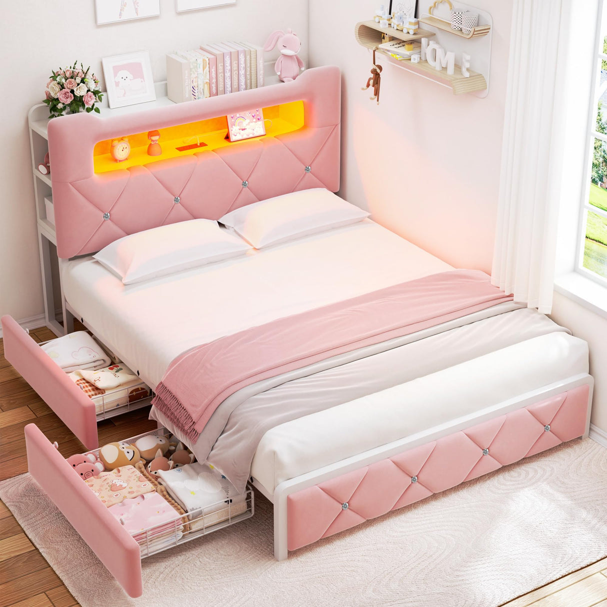 Queen Upholstered LED Bed Frame with 2 Storage Drawers and 2-Tier Storage Headboard,Velvet Princess Platform Bed with Charging Station & Bookcase, Corner Bed Frame, Heavy Duty Metal Support, Pink Jocoevol