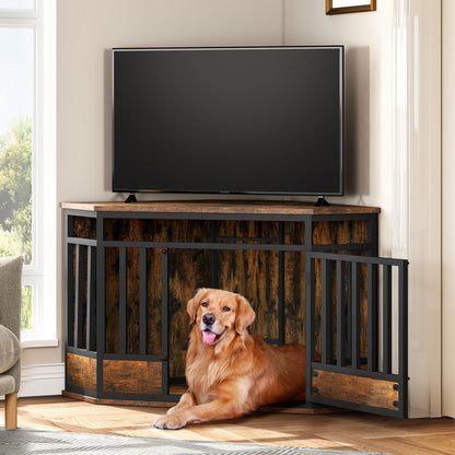 YITAHOME 52 Inch Corner Dog Crate Furniture, Heavy Duty Dog Kennel Indoor Furniture End Table Side Table Dog Crate, Modern Indoor Pet Crate Wooden Dog Crate for Large Dogs, Rustic Brown - WoodArtSupply