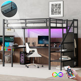 Ibraccieni Full XL Size Loft Bed, Metal Bed Frame with L-Shaped Desk and Stairs, Space-Saving Frame with Adjustable Shelf and Wardrobe for Adults, 350 LBS Capacity, No Box Spring Needed, Black Ibraccieni