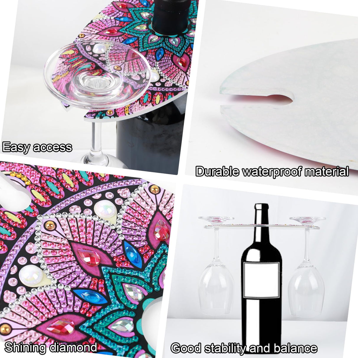 Diamond Painting Wine Glass Rack, DIY Pink Wine Glass Holder Storage Diamond Art Acrylic Organizer Stemware Rack for Bar Kitchen Cabinet (Mandala Style) antor