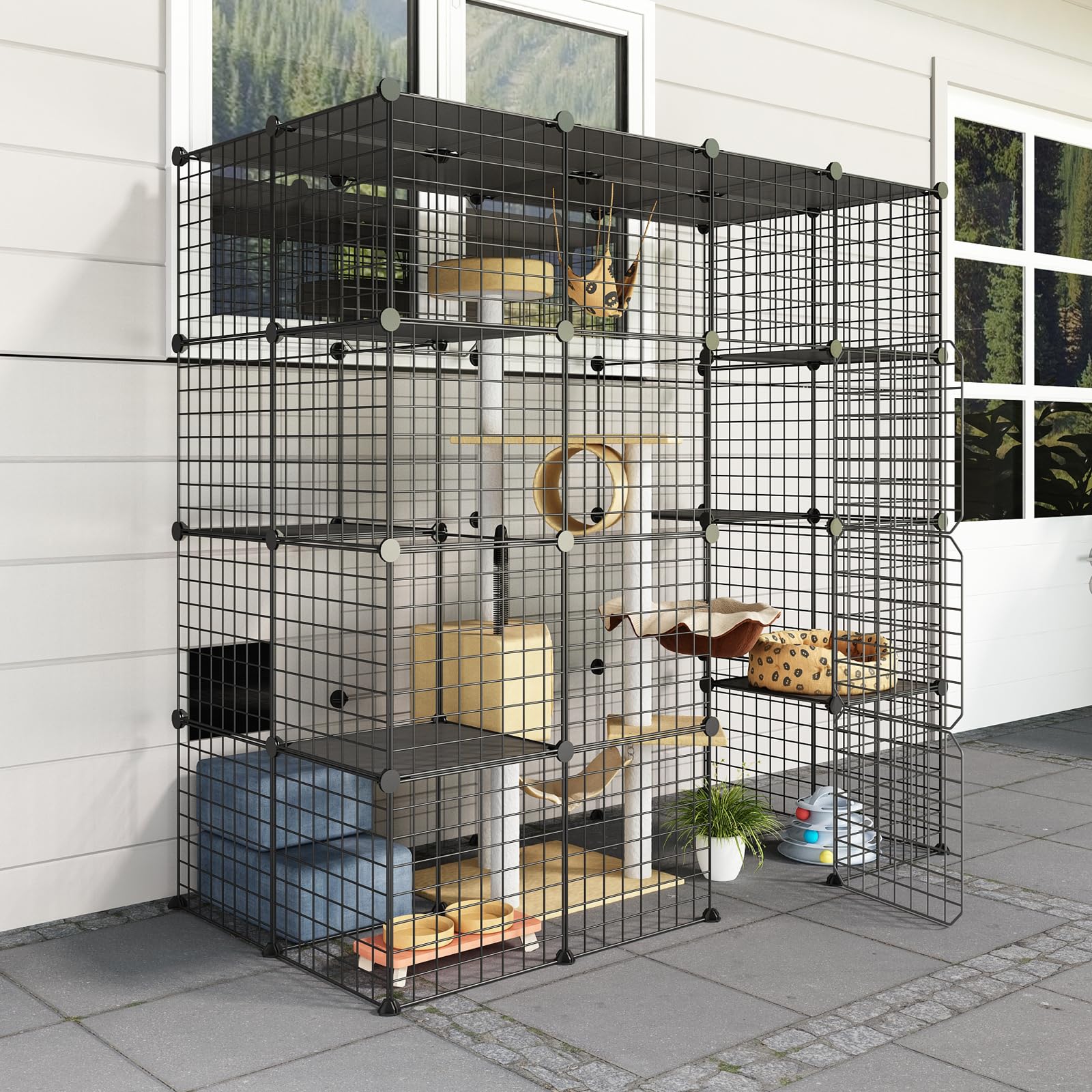 Eiiel Outdoor Cat House, Cages Enclosure with Super Large Enter Door, 55.1L x 27.6W x 55.1H Balcony Cat Playpen with Platforms,DIY Kennels Crate, Exercise Place Ideal for 1-4 Cats, BLACK - WoodArtSupply