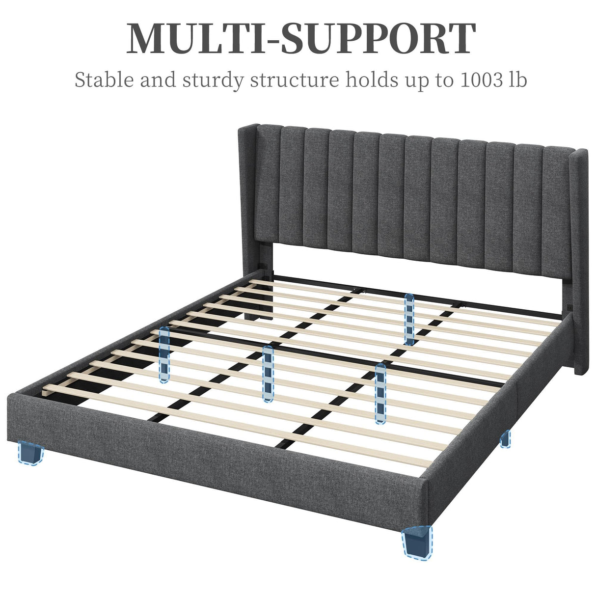Yaheetech Dark Gray Upholstered King Bed Frame with Wing Design and Wooden Slat Support Yaheetech