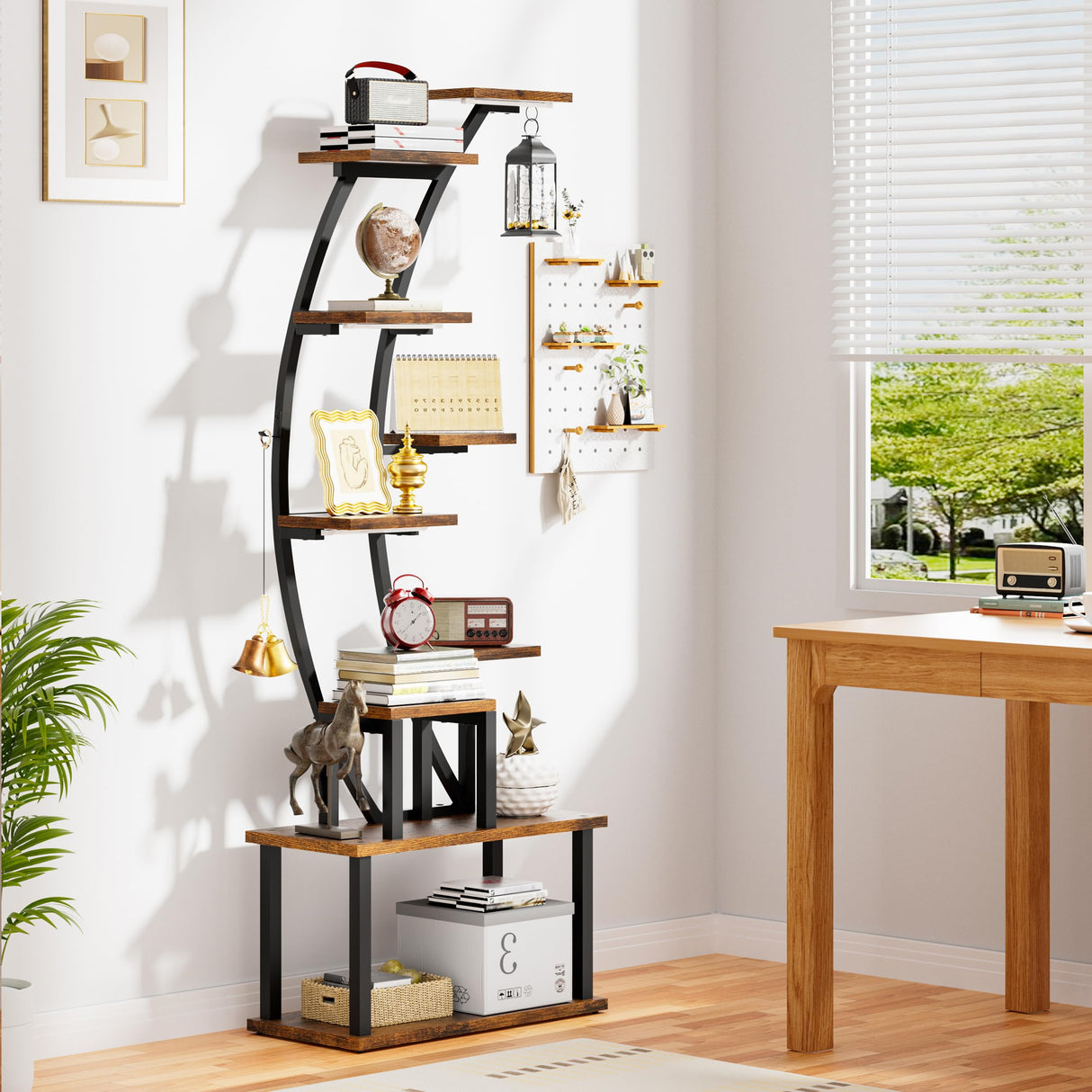 BECOKOME Bookshelf with Lights - 63" Tall Unique Bookshelves, 9-Tier Book Shelf for Collectibles, Black Display Shelf with Light, Half-Moon Ladder Book Stands for Bedroom Living Room, Rustic Brown BECOKOME