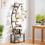 BECOKOME Bookshelf with Lights - 63" Tall Unique Bookshelves, 9-Tier Book Shelf for Collectibles, Black Display Shelf with Light, Half-Moon Ladder Book Stands for Bedroom Living Room, Rustic Brown BECOKOME