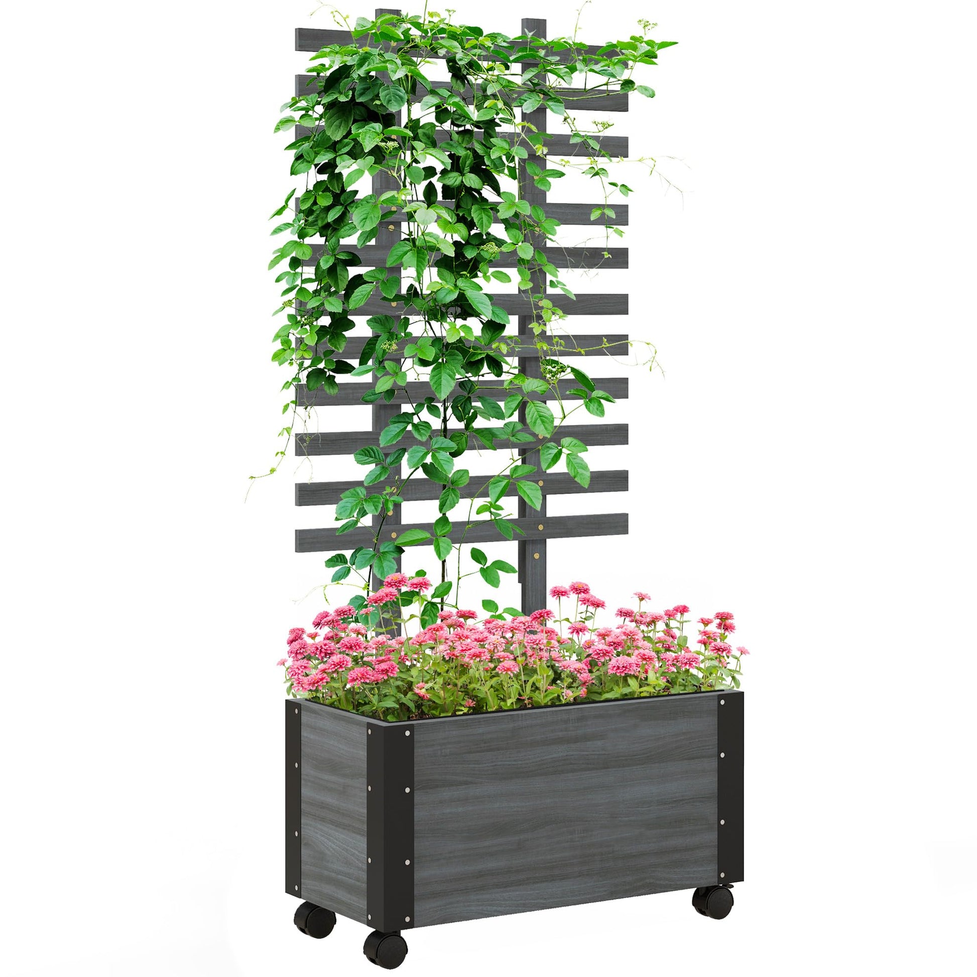 Outsunny Raised Garden Bed with Trellis, 58" Outdoor Wooden Planter Box with Wheels, for Vine Plants Flowers Climbing and Planting, Gray - WoodArtSupply