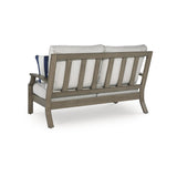 Signature Design by Ashley Rainier Ranch Casual Weather Resistant Outdoor Loveseat with Cushion and 2 Accent Pillows, Light Brown & Light Gray Signature Design by Ashley