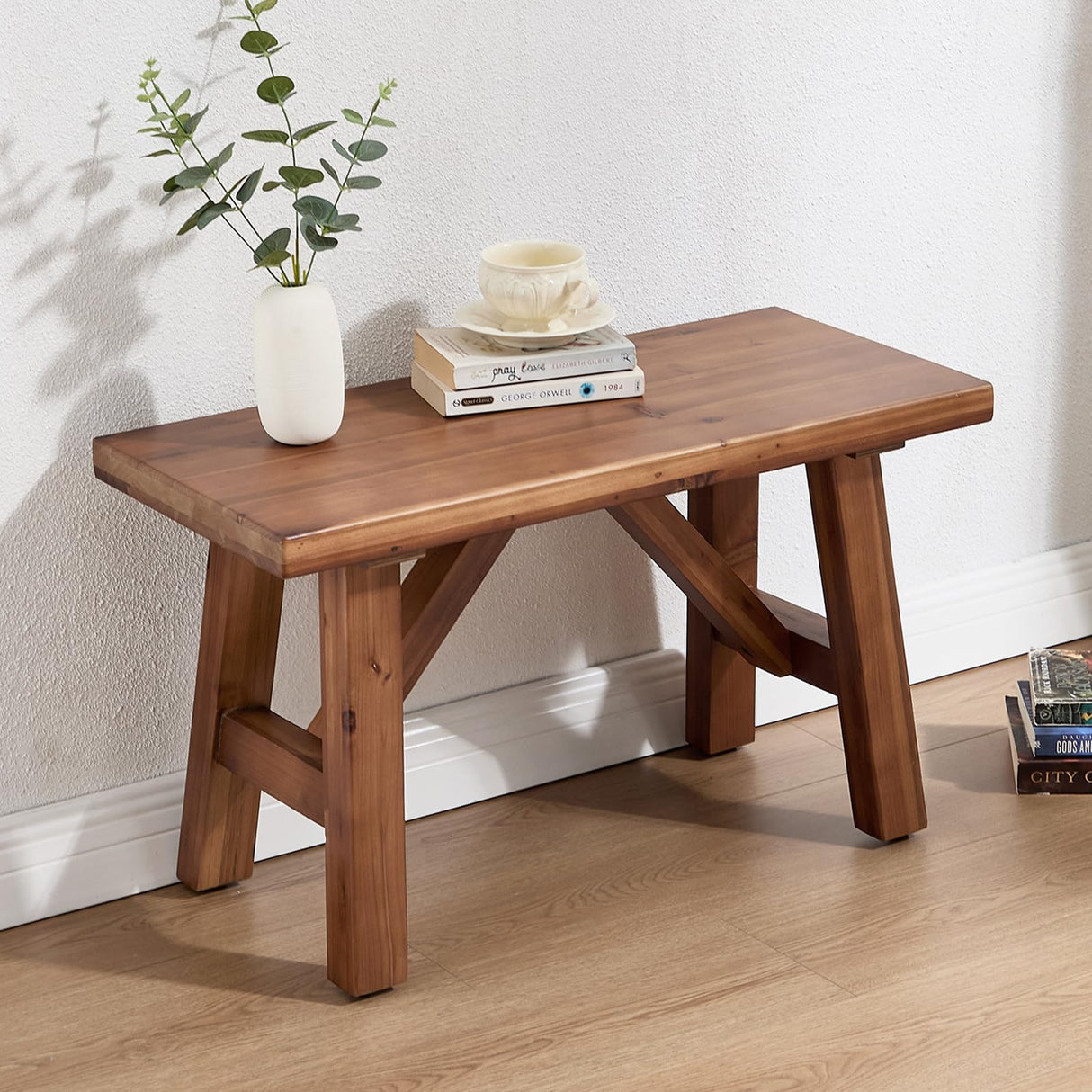 DM Furniture 30" Farmhouse Wood Bench, Solid Wood Entryway Bench Seat Rustic Wooden Entry Way Bench Indoor for Living/Dining Room, Small Hallway Bench, Porch, Handcrafted, Walnut DM Furniture