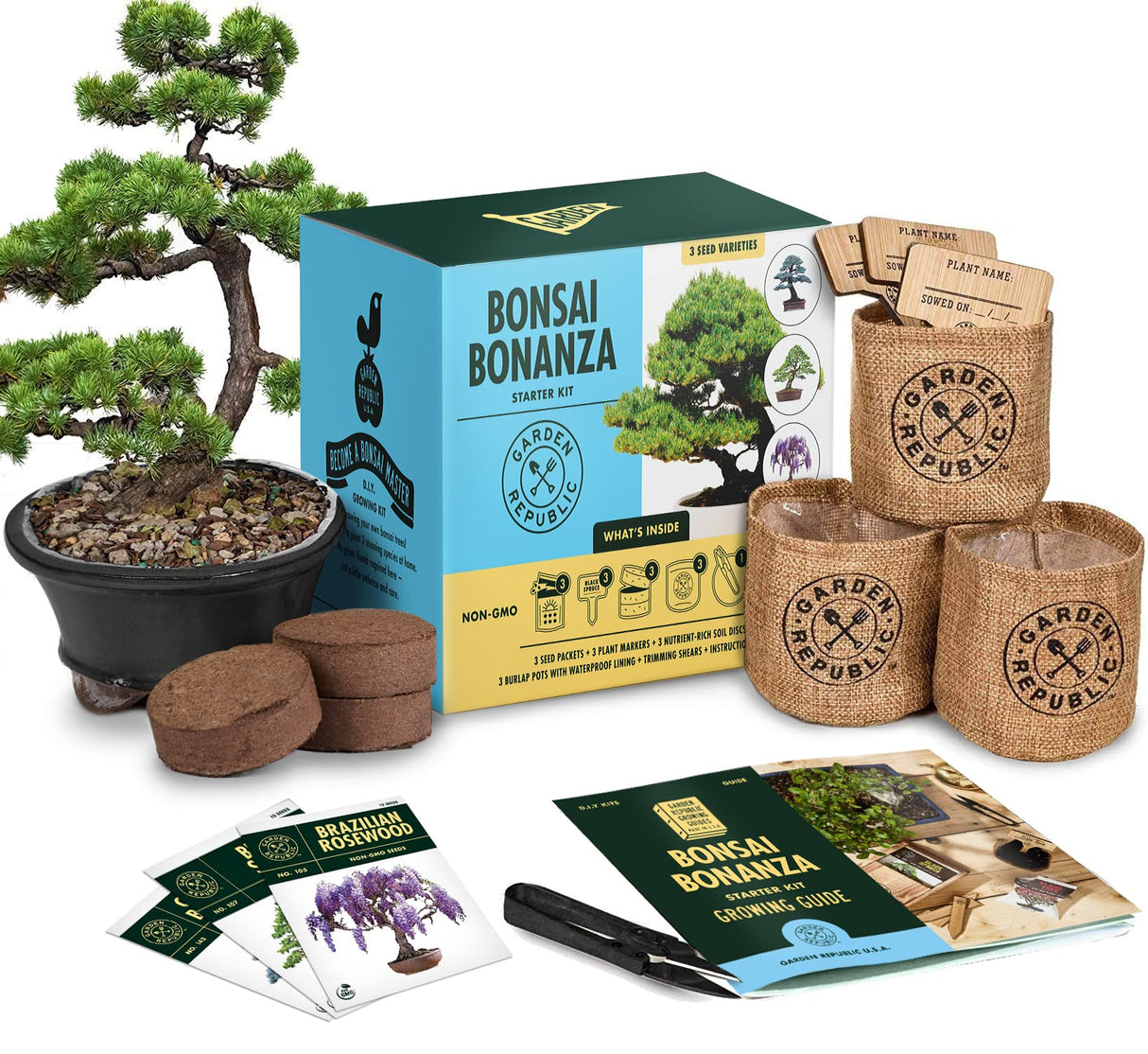 Bonsai Tree Kit - Grow 3 Mini Bonsai Trees, Indoor Plant Growing Kit - Bonsai Starter Kit with Bonsai Seeds, Soil, Planters & Shears, Gardening Gifts for Women, Fathers Day Gardening Gifts · GARDEN REPUBLIC ·