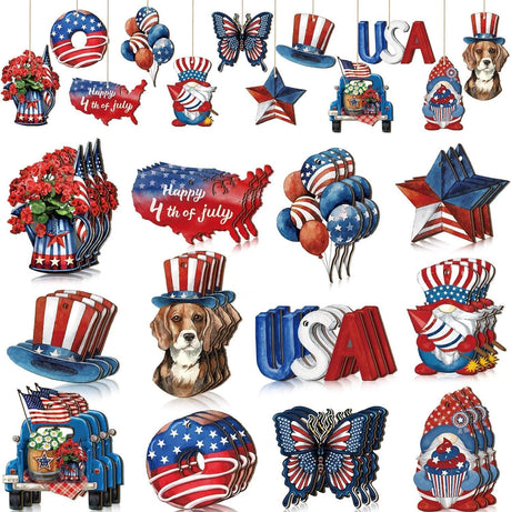24 Pcs 4th of July Patriotic Ornaments for Tree Wooden Memorial Day Decorations Red White Blue Hanging Ornament America Star Gnome Wood Cutout Independence Day Decor for Home Tree (Patriotic) RSACCSKY