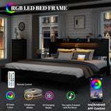 QNICE Wooden King Size Bed Frame with Storage Headboard & Charging Station, Farmhouse Platform Bedframe with LED Lights & Metal Slats Support, Easy Assembly (Rustic Black) QNICE