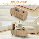 affeivul Boho Lift Top Coffee Table with Storage for Living Room, Bedroom, Rectangle Low Fluted Coffee Table with Drawers, Contemporary Pop Up Coffe Table Convertible Rising (Natural) affeivul