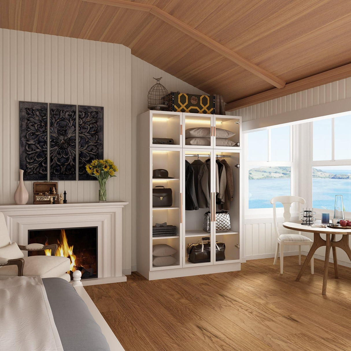 Hitow Wardrobe Cabinet with LED Light Strips, Armoire Closet with Glass Doors, Wooden Large Wardrobe with 5 Tiers Shelf & Hanging Rod, Modern Bedroom Armoire Clothes Organizer, White 47.2" W Hitow