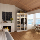 Hitow Wardrobe Cabinet with LED Light Strips, Armoire Closet with Glass Doors, Wooden Large Wardrobe with 5 Tiers Shelf & Hanging Rod, Modern Bedroom Armoire Clothes Organizer, White 47.2" W Hitow