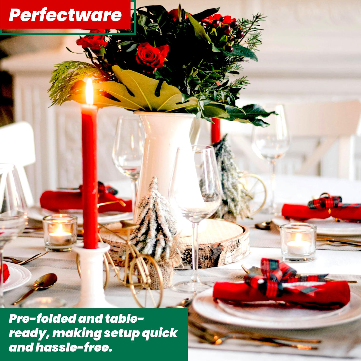 Perfectware 2PLY Christmas Paper Dinner Napkins. Pack of 100CT in Green and Red. 15 x 17 Paper Dinner Napkin Set Perfectware