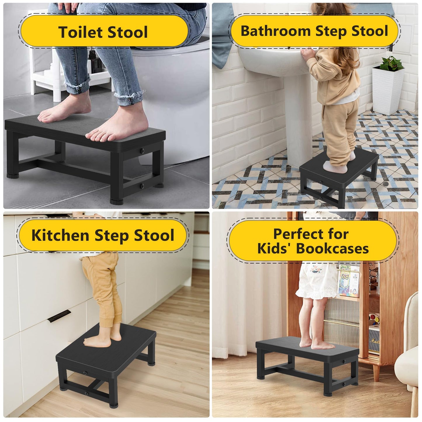 Step Stools for Adults Kids, Sturdy Wooden Stepping Stools with 450LB Capacity, Anti-Slip Bed Steps Stool for High Beds, Foot Stool One Step Stool for Kitchen Bathroom Bedroom, Black