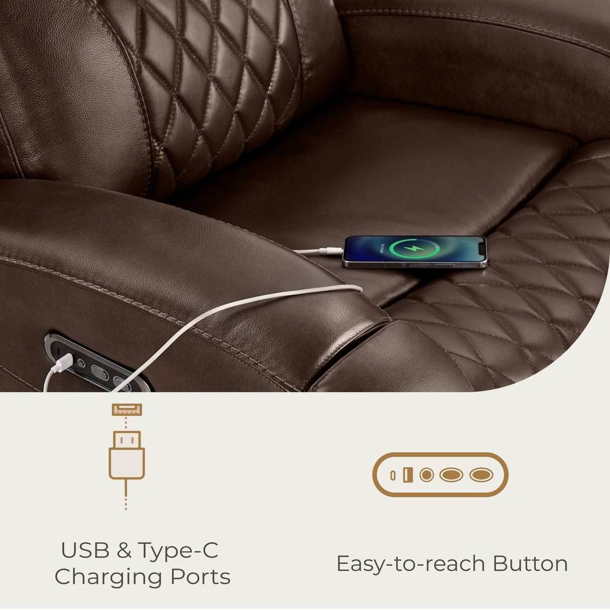 CHITA Genuine Leather Recliner Chair for Adults with Adjustable Power Headrest, Lay Flat Power Recliner with Slide-Out Cupholders & USB/Type-C Ports, Living Room Chair, Brown CHITA