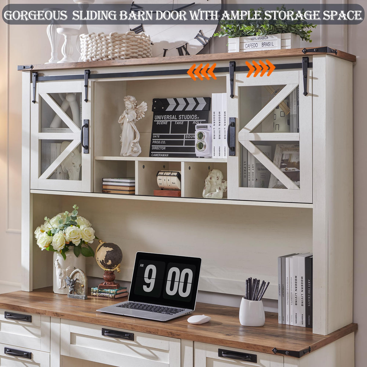 RedLemon 60" Farmhouse L Shaped Desk with Hutch, Wood Home Office Executive Desk with Drawer, Charging Station, File Drawer, Storage Cabinet, Rustic Writing Computer Desk (Antique White) RedLemon