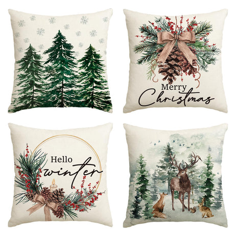 AVOIN colorlife Merry Christmas Trees Reindeer Snowflake Throw Pillow Covers, 18 x 18 Inch Xmas Red Berries Hello Winter Holiday Cushion Case Decoration for Sofa Couch Set of 4 AVOIN colorlife