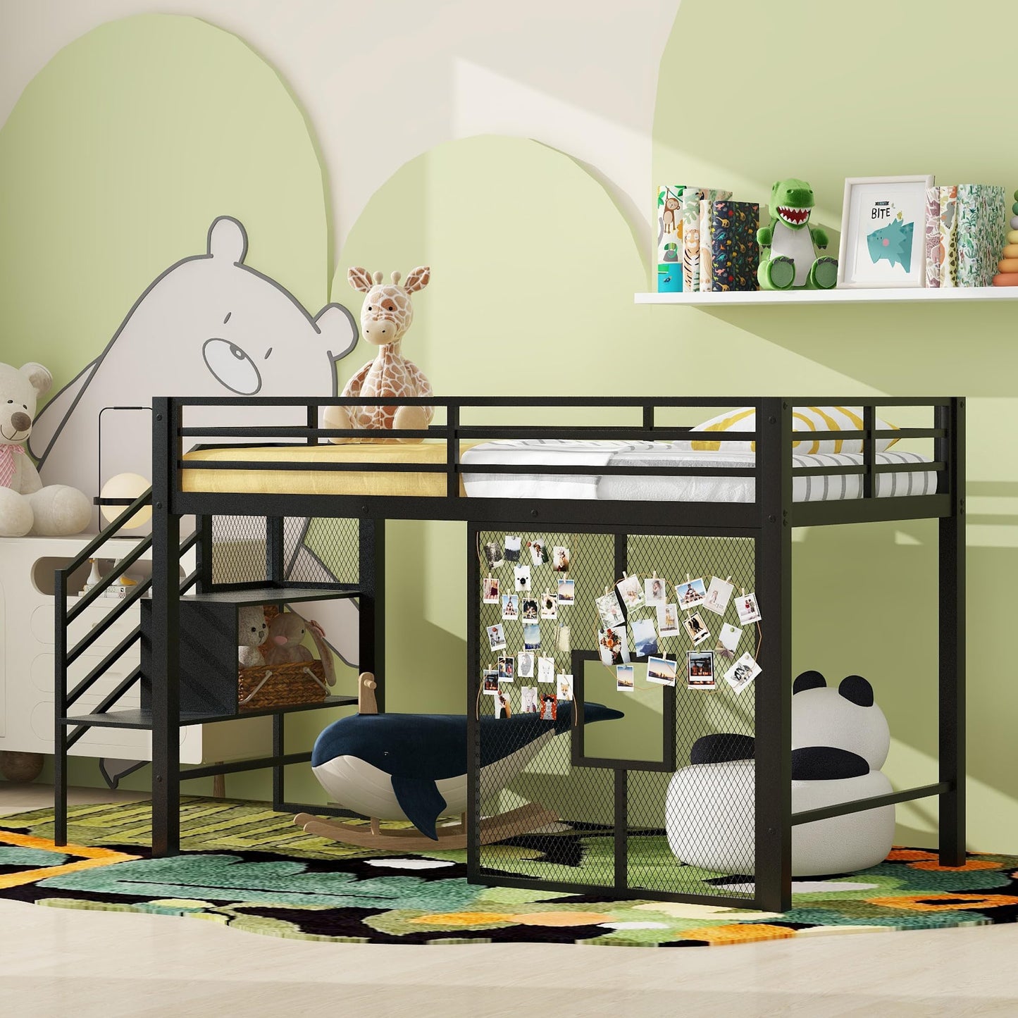 Ziraukon Twin Size Loft Bed, Metal Low Loft Bed Frame with Storage Staircase and Iron mesh, Loft Bed Twin Size with Storage Steps and Safety Guardrails, No Box Spring Needed, Black