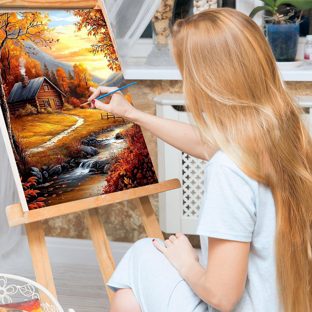 Bowetile Fall Framed Paint by Numbers for Adults, Adults' Paint-by-Number Landscape Kits on Canvas, Easy Acrylic Number Painting Crafts Kits Halloween Gifts for Home Decor, 8x12in Bowetile