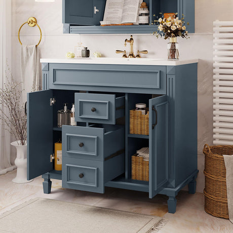 Merax 36” Bathroom Vanity with Sink, Freestanding Single Bathroom Sink Vanity Cabinet Set with 36” Countertop & Integrated Sink, 2 Doors & 2 Drawers (Sink Cabinet Only, Blue) Merax