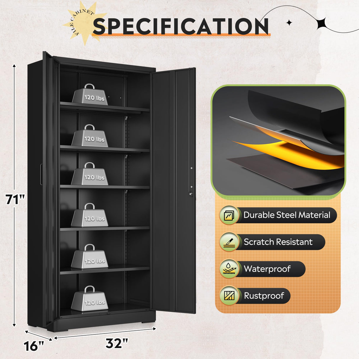 DEVAISE Metal Garage Storage Cabinet with 2 Doors and 5 Adjustable Shelves, 71'' Black Lockable Steel File Cabinet for Garage, Home, Office, Shool, Gym DEVAISE