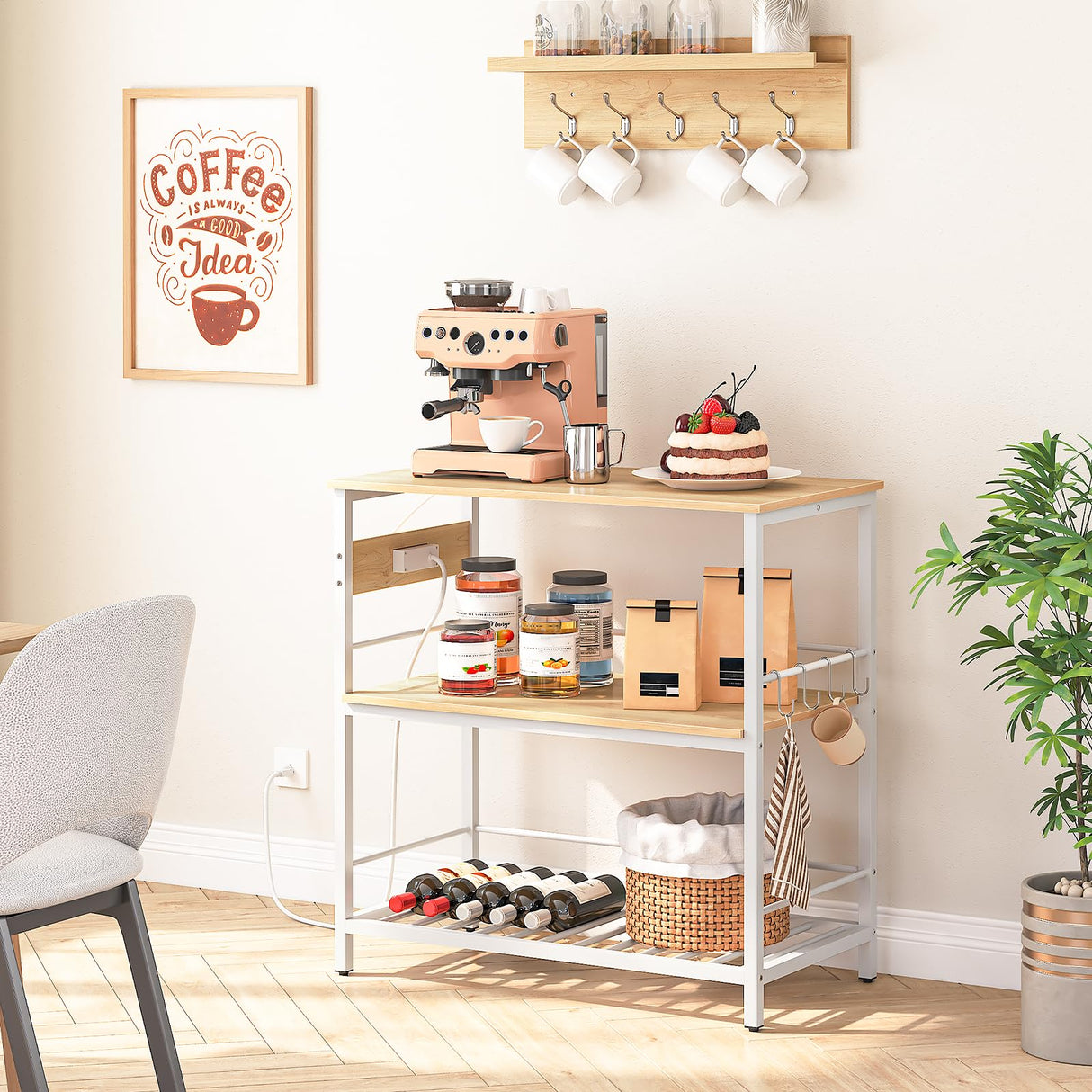 HOOBRO Kitchen Island with Storage, Kitchen Island Table with Power Outlet, 3 Tier Coffee Station and Microwave Stand, for Home, Kitchen and Dining Room, Natural and White WN021ZD01 HOOBRO