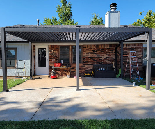 Domi Louvered Pergola 12' × 20', Outdoor Aluminium Pergola with Adjustable Roof, Curtains and Netting, Hardtop Gazebo for Patio, Deck, Garden, Yard, Beach(Gray)