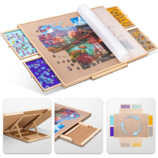 Tektalk Rotating Jigsaw Puzzle Table with Integrated Adjustable Stand/Bracket and Removable Cover, 3-Tilting-Angle Wooden Plateau Portable Puzzle Board with 4 Sorting Drawers, for Up to 1500 Pieces