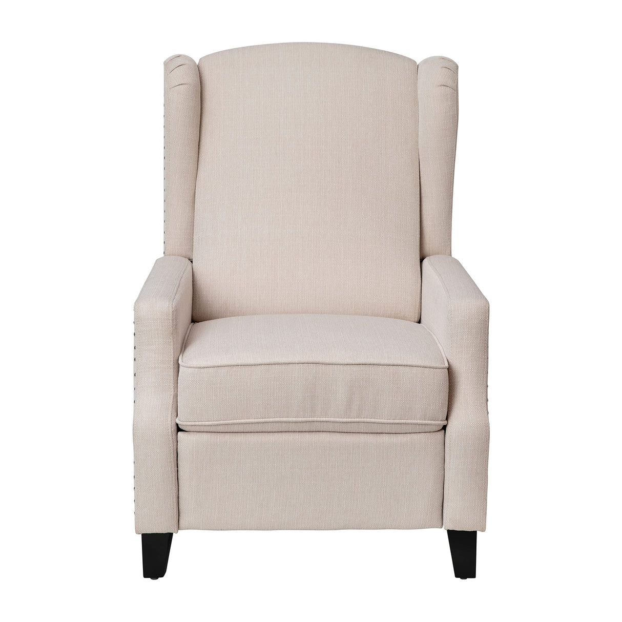 BizChair Traditional Style Slim Push Back Recliner Chair-Wingback Recliner with Cream Fabric Upholstery-Accent Nail Trim BizChair