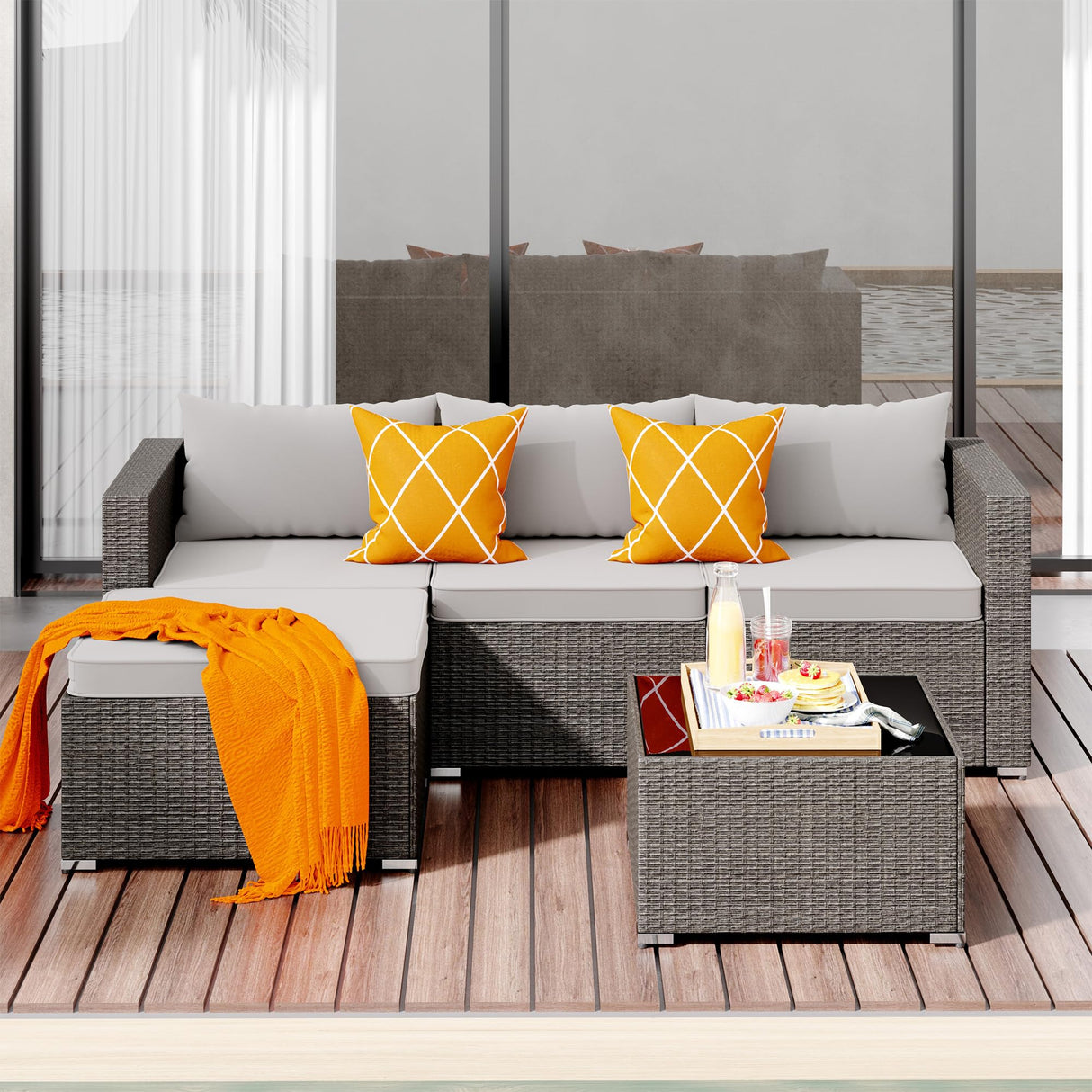 Nalupatio Patio Furniture Set,5 Piece Outdoor Patio Conversation Set All Weather Patio Sofa Manual Weaving Wicker Rattan Sectional Sofa with Washable Cushions & Glass Table for Poolside,Backyard-Gray Nalupatio