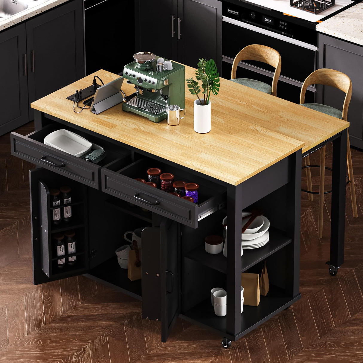 Merax Rolling Kitchen Island on Wheels with Extendable Dining Table & Power Outlet, Wood Kitchen Cart on Wheels with Internal Storage Rack,2 Drawers & 2 Cabinets, 47" Wide Black Merax