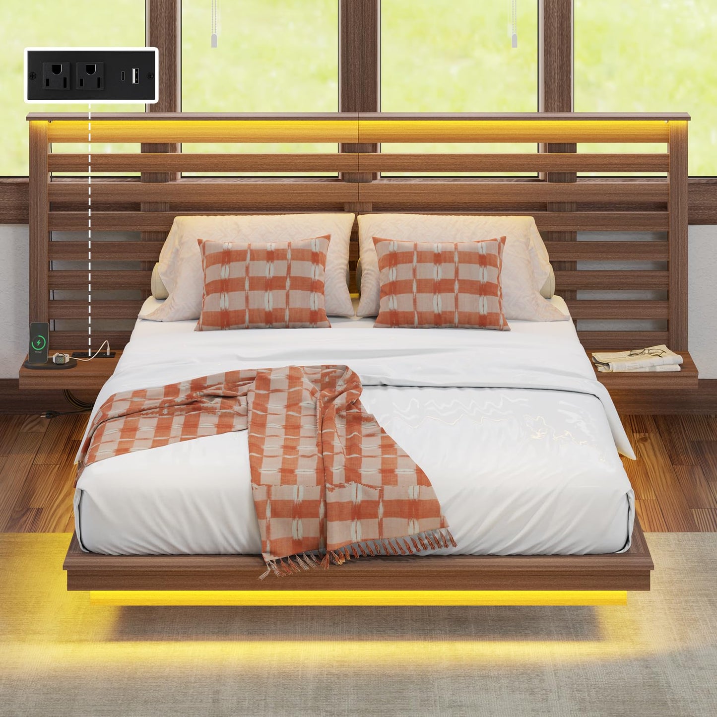 YUMPIE Mid-Century Modern Queen Floating Bed Frame with Nightstands, LED Lighting & USB Charging Station in Taupe - WoodArtSupply