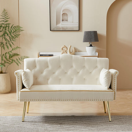 hansones 55-Inch Modern Velvet Loveseat Sofa with Gold Metal Legs & Side Pockets, Tufted Backrest, Perfect for Living Room, Bedroom, or Office (Modern Beige) hansones