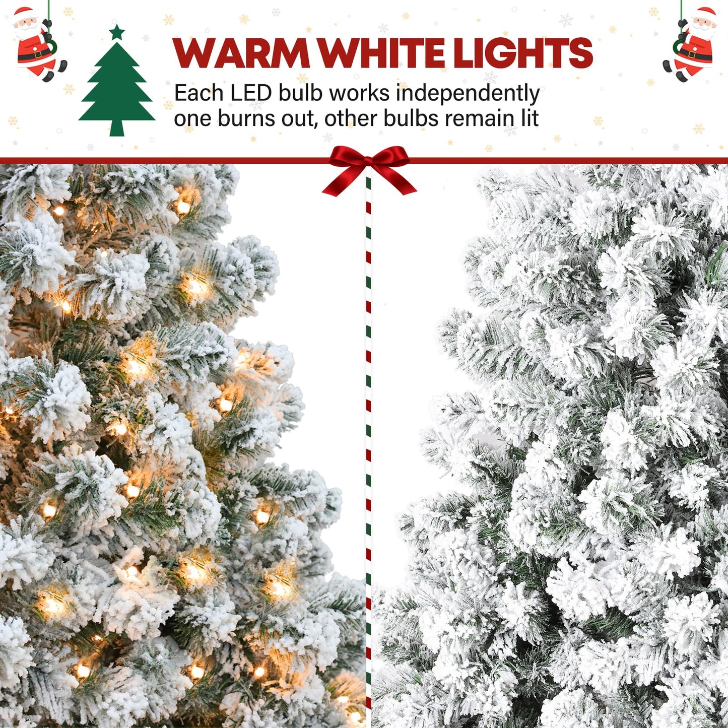 VIVATREES 6ft Prelit Snow Flocked Christmas Tree with 250 Warm White Lights, Artificial Holiday Xmas Tree with 551 PVC Branch Tips, Easy Assembly w/Metal Stand and Hinged Branches, 10 Color Modes