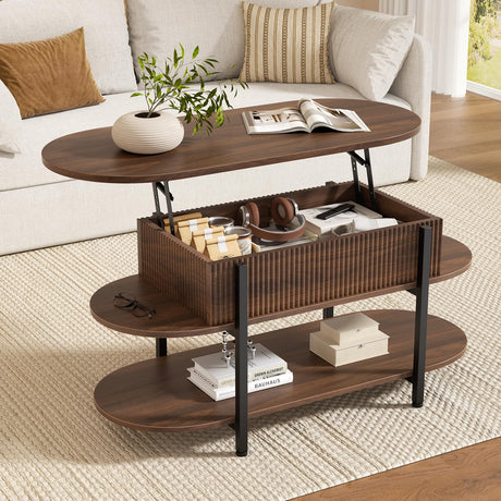 FABATO 41.7" Oval Lift Top Coffee Table, Fluted Wood Center Table with Hidden Storage, 3 Tier Oblong Tables with Curved Edge, Modern Elliptical Coffee Table for Living Room Reception Room, Walnut FABATO