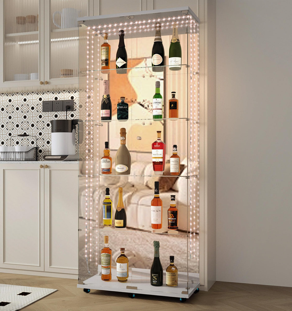 Maotifeys Modern Glass Display Cabinet 5-Shelf with LED Light,Mirror,Lock and Wheels,2 Door Curio Cabinets,Tempered Glass Collection Display Showcase for Living Room Home Office,30.9x13.5x74.8"H,White Maotifeys