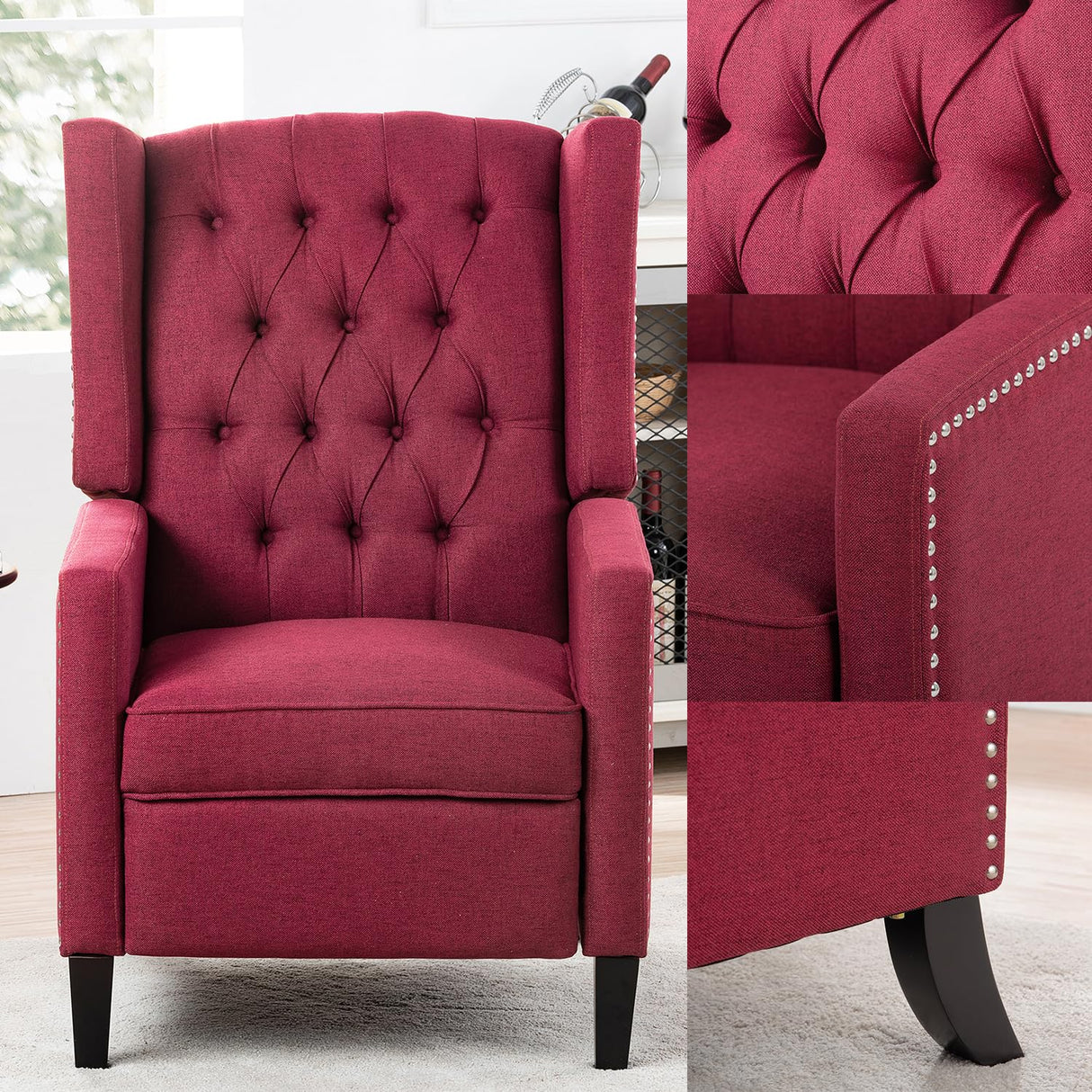 Pushback Recliner,Comfortable Wingback Recliner Sofa Chair With Adjustable Backrest Tufted Fabric Upholstered Armchair,Retro Rivets Decorated Recliner for Living Room Bedroom Office Home Theater (Red) Gustonhon