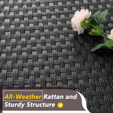 JAMFLY 5 Piece Outdoor Patio Furniture Set, PE Rattan Conversation Sofa Set with Thick Cushions & Glass Top Coffee Table, All-Weather Outside Furniture for Garden, Porch, Aegean Blue JAMFLY