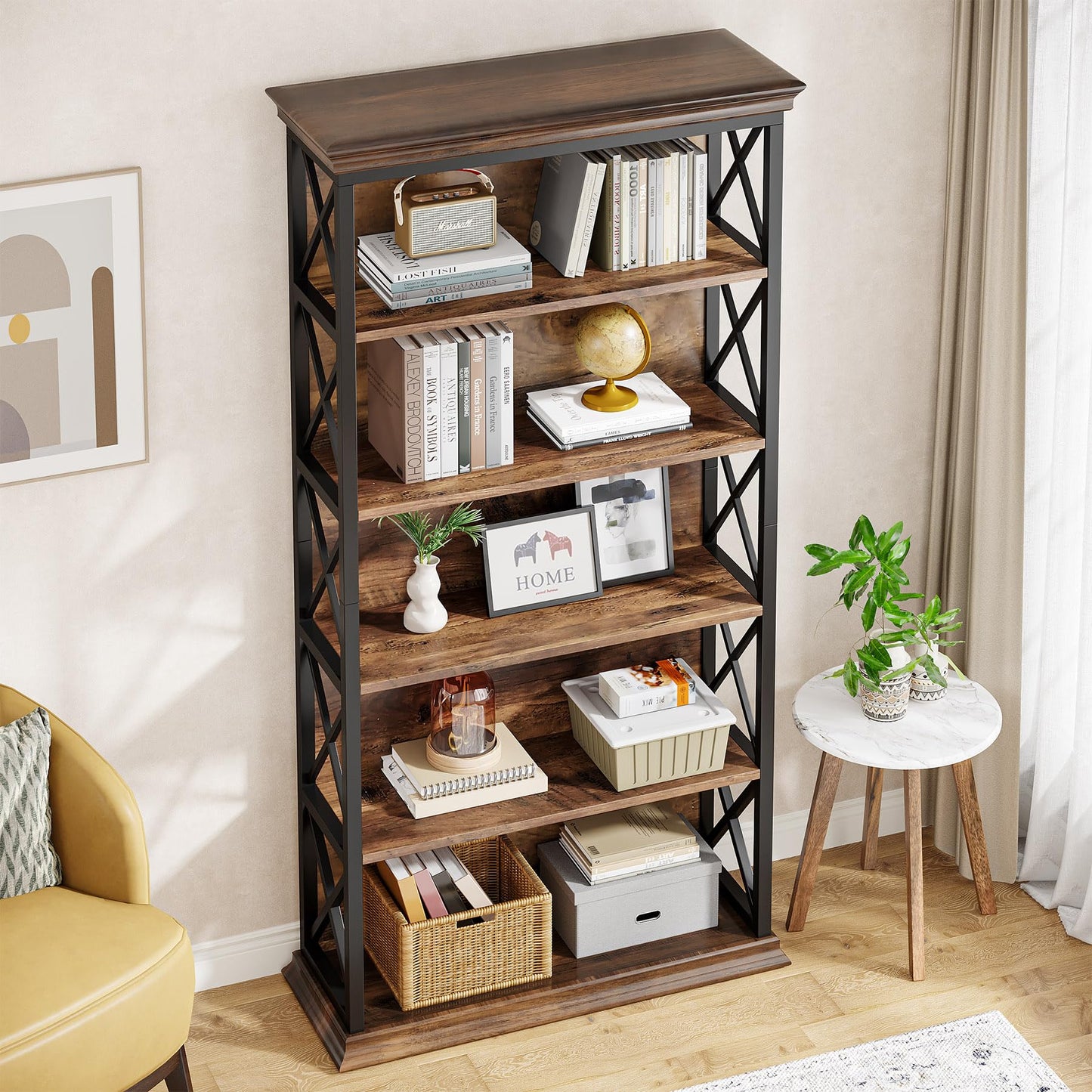 Tribesigns 6-Tier Industrial Bookshelf – 71 Inch Tall Bookcase with X Pattern Accents in Brown and Black - WoodArtSupply