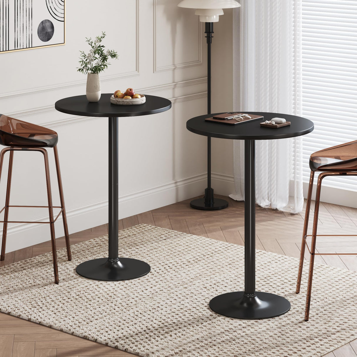 Flamaker Modern Black Round Bistro Pub Table - Stylish Metal Base with MDF Top for Dining and Entertaining Flamaker