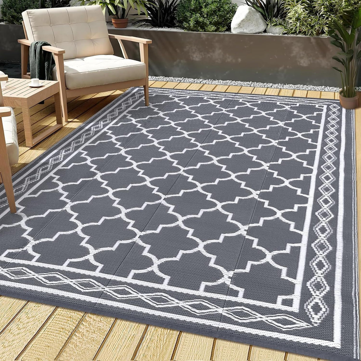 Garvee Outdoor Rug for Patio Clearance, 10 ft x14 ft Waterproof Large Camping Mat, Reversible Plastic Straw Rugs for RV, Camper, Balcony, Backyard, Picnic, Deck (Grey/White) Garvee